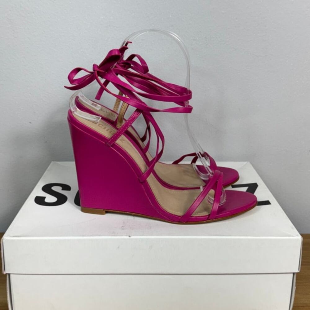 New Schutz Deonne Nappa Leather Wedge Sandals in Hot Pink Women's Size 8.5 - Picture 4 of 8